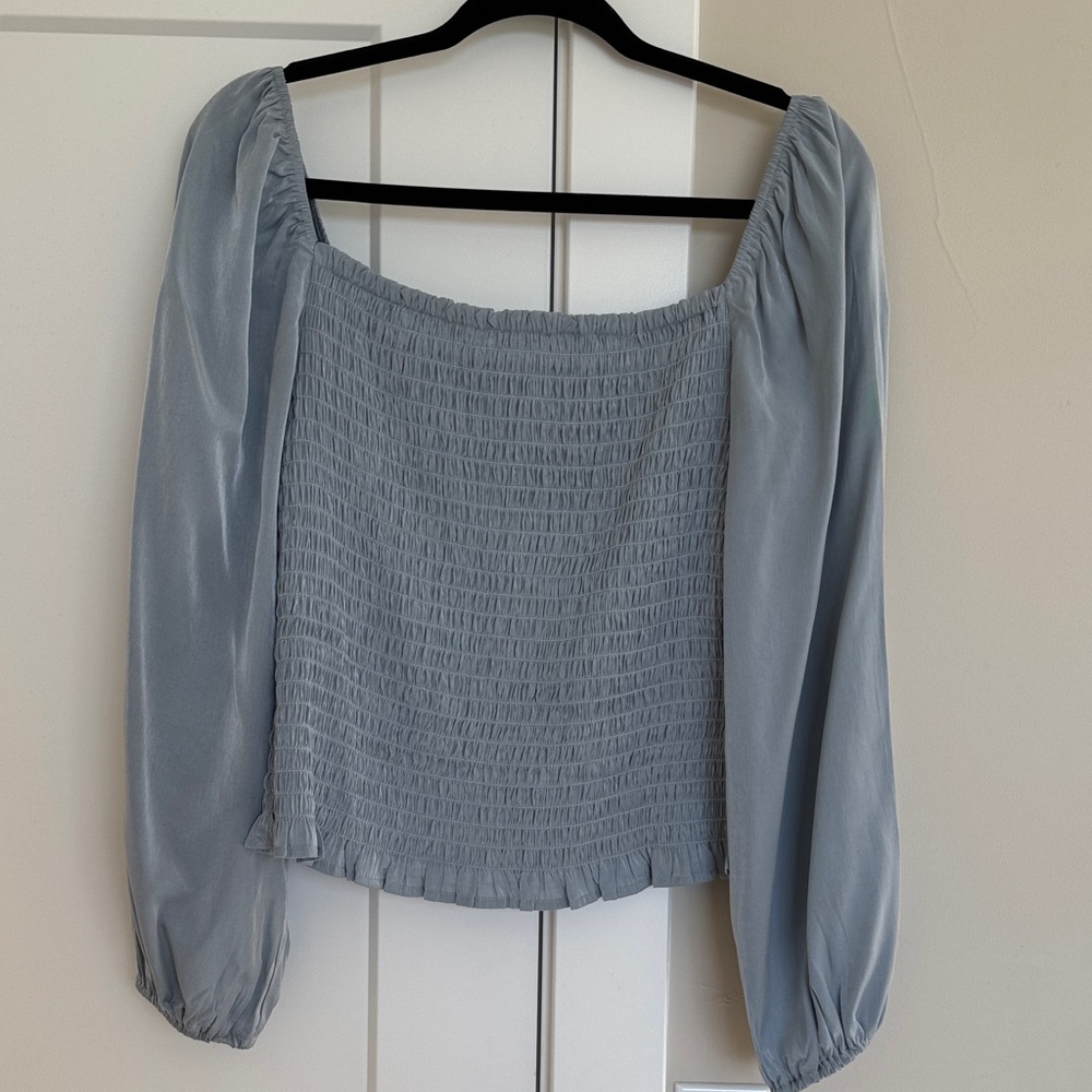 Elegant Slate Blue Smocked Women's long sleeved Top - size Large